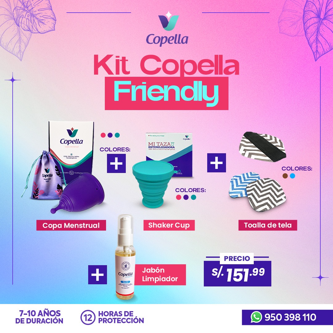 <p><span lang="ES-MX" style="font-size: 12.0pt; line-height: 107%; font-family: 'Arial',sans-serif; mso-ansi-language: ES-MX;"><strong>El Kit incluye:</strong> Copa menstrual, taza esterilizadora, toalla de tela y limpiador<br /><br /></span></p>
<ul>
<li><span lang="ES-MX" style="font-size: 12.0pt; line-height: 107%; font-family: 'Arial',sans-serif; mso-ansi-language: ES-MX;">Nuestra copa menstrual est&aacute; certificada como producto hipoalerg&eacute;nico, cumpliendo con todas las certificaciones: ISO, FDA,SGS. Viene en tres tallas: Talla T e color rosado, talla S en color morado y talla L en color celeste.</span></li>
<li><span lang="ES-MX" style="font-size: 12.0pt; line-height: 107%; font-family: 'Arial',sans-serif; mso-ansi-language: ES-MX;">La taza esterilizadora es un complemento perfecto para poder desinfectar tu copa o disco menstrual, es pr&aacute;ctica, plegable y resistente al calor. Disponible en diferentes colores (Rosado, Turquesa y Morado).</span></li>
<li><span lang="ES-MX" style="font-size: 12.0pt; line-height: 107%; font-family: 'Arial',sans-serif; mso-ansi-language: ES-MX;">Las toallas reutilizables sirven como complemento para acompa&ntilde;ar el proceso de aprendizaje,&nbsp;&nbsp;tienen un total de 4 capas: una capa interior en algod&oacute;n, una capa absorbente, una capa impermeable y una capa exterior hecho de tela con dise&ntilde;o).</span></li>
<li><span lang="ES-MX" style="font-size: 12.0pt; line-height: 107%; font-family: 'Arial',sans-serif; mso-ansi-language: ES-MX;">Copella Cleaner es un limpiador que te ayudara a que tu copa no se pigmente rapidamente por el exceso de hierro que hay en nuestro flujo menstrual, el uso es super sencillo lavas tu copa o disco por todos los lados, agujeros y pliegues antes de cada desinfeccion.&nbsp;</span></li>
</ul>