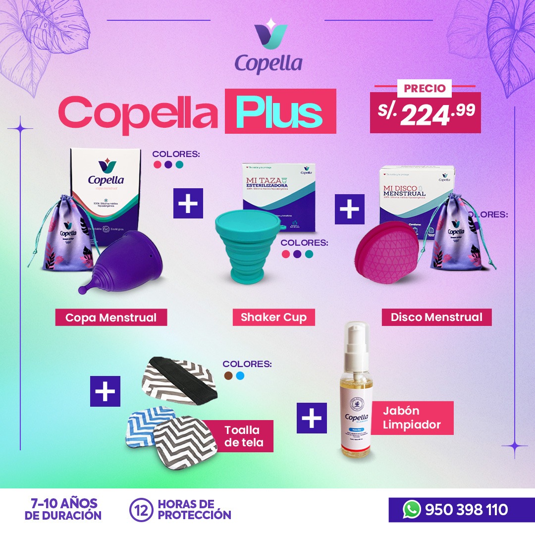 <p><span lang="ES-MX"><strong>El Kit incluye:</strong>&nbsp; Disco, copa, taza, toalla y limpiador</span></p>
<ul>
<li><span lang="ES-MX">Nuestros disco y copa menstrual est&aacute;n certificada como producto hipoalerg&eacute;nico, cumpliendo con todas las certificaciones: ISO, FDA,SGS. Viene en diferentes tallas (para personas que han dado a luz de forma natural y para personas que no).</span></li>
<li><span lang="ES-MX">La taza esterilizadora es un complemento perfecto para poder desinfectar tu copa o disco menstrual, es pr&aacute;ctica, plegable y resistente al calor. Disponible en diferentes colores (Rosado, Turquesa y Morado)</span></li>
<li><span lang="ES-MX">Las toallas reutilizables sirven como complemento para acompa&ntilde;ar el proceso de aprendizaje,&nbsp; tienen un total de 4 capas: una capa interior en algod&oacute;n, una capa absorbente, una capa impermeable y una capa exterior hecho de tela con dise&ntilde;o).</span></li>
<li><span lang="ES-MX">Copella Cleaner es un limpiador que te ayudara a que tu copa no se pigmente rapidamente por el exceso de hierro que hay en nuestro flujo menstrual, el uso es super sencillo lavas tu copa o disco por todos los lados, agujeros y pliegues antes de cada desinfeccion.&nbsp;</span></li>
</ul>