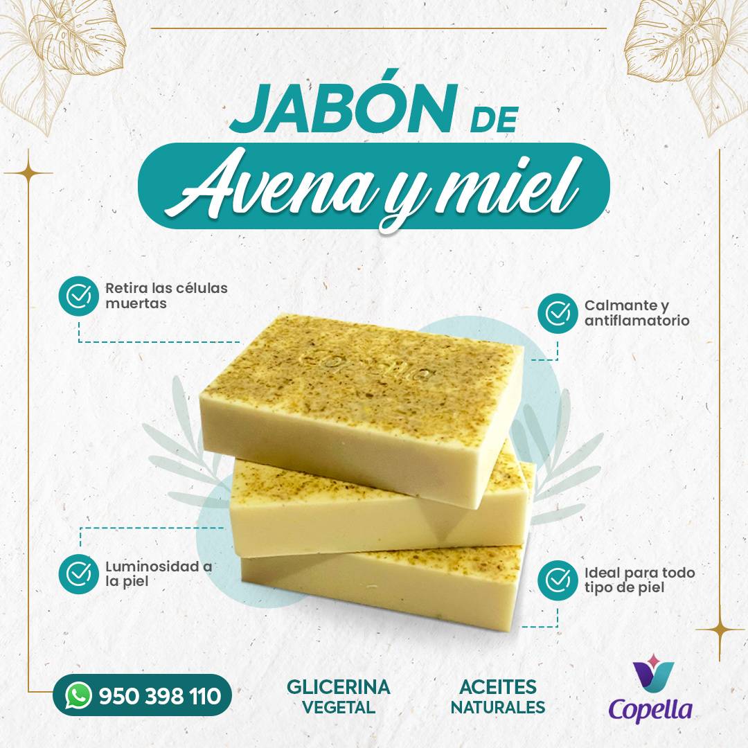 <p class="MsoNormal">Los jabones hechos a mano est&aacute;n ligeramente perfumados y no contienen fragancias ni fijadores artificiales. Elaborado a base de glicerina vegetal, 100% avena y miel. La avena aporta una gran cantidad de nutrientes a la piel para mantenerla hidratada y firme. Contiene antioxidantes necesarios para que la piel se regenere. Tambi&eacute;n ayuda a equilibrar nuestro pH, lo cual es importante porque previene irritaci&oacute;n, picaz&oacute;n, enrojecimiento y otros s&iacute;ntomas.</p>
<p class="MsoNormal">Contiene aproximadamente 100 gramos.</p>
<p class="MsoNormal">Si tienes condiciones especiales de la piel. Consulte a su dermat&oacute;logo antes de permitir que el producto entre en contacto con la piel. Todos nuestros productos est&aacute;n elaborados con ingredientes naturales, org&aacute;nicos, est&aacute;n libres de qu&iacute;micos y preservantes.</p>