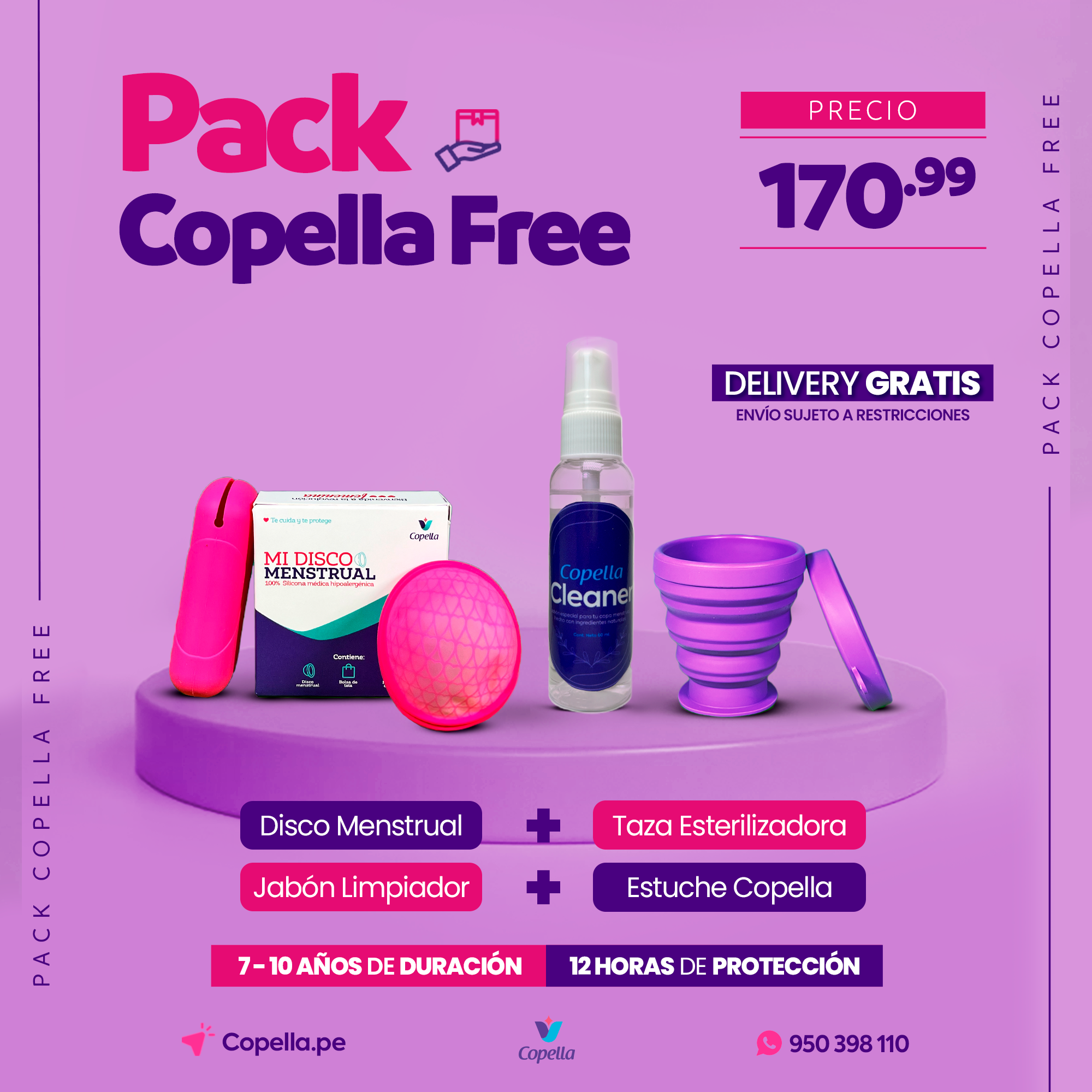 <p><span lang="ES-MX" style="font-size: 12.0pt; line-height: 107%; font-family: 'Arial',sans-serif; mso-ansi-language: ES-MX;"><strong>El Kit incluye:</strong> Disco menstrual, taza estrilizadora y limpiador<br /><br /></span></p>
<ul>
<li><span lang="ES-MX" style="font-size: 12.0pt; line-height: 107%; font-family: 'Arial',sans-serif; mso-ansi-language: ES-MX;">Nuestro disco menstrual est&aacute; certificada como producto hipoalerg&eacute;nico, cumpliendo con todas las certificaciones: ISO, FDA,SGS. Viene en dos tallas (para personas que han dado a luz de forma natural y para personas que no).</span></li>
<li><span lang="ES-MX" style="font-size: 12.0pt; line-height: 107%; font-family: 'Arial',sans-serif; mso-ansi-language: ES-MX;">La taza esterilizadora es un complemento perfecto para poder desinfectar tu copa o disco menstrual, es pr&aacute;ctica, plegable y resistente al calor. Disponible en diferentes colores (Rosado, Turquesa y Morado).</span></li>
<li><span lang="ES-MX" style="font-size: 12.0pt; line-height: 107%; font-family: 'Arial',sans-serif; mso-ansi-language: ES-MX;">Copella Cleaner es un limpiador que te ayudara a que tu copa no se pigmente rapidamente por el exceso de hierro que hay en nuestro flujo menstrual, el uso es super sencillo lavas tu copa o disco por todos los lados, agujeros y pliegues antes de cada desinfeccion.&nbsp;</span></li>
</ul>