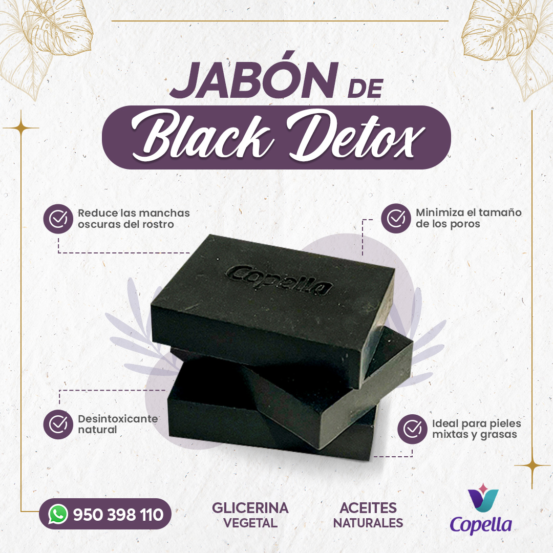 <p class="MsoNormal">A base de glicerina vegetal y carb&oacute;n activado, black d&eacute;tox controla el exceso de sebo y le da brillo a la piel sin resecarla, por eso puedes usarlo todos los d&iacute;as porque utilizamos aceite esencial de bergamota, &aacute;rbol de t&eacute;, aloe vera y manteca karite. D&iacute;a tras d&iacute;a, nuestra piel acumula suciedad, grasa y sustancias nocivas para la piel, y los poros se obstruyen, el resultado: puntos negros, espinillas e incluso acn&eacute;. Nuestro jab&oacute;n ayuda a que la piel respire, aten&uacute;a las peque&ntilde;as manchas, absorbe el exceso de sebo y minimiza los poros; el resultado es una piel mate y clara.</p>
<p class="MsoNormal">Aproximadamente 100 gramos</p>
<p class="MsoNormal">Si tienes condiciones especiales de la piel. Consulte a su dermat&oacute;logo antes de permitir que el producto entre en contacto con la piel. Todos nuestros productos est&aacute;n elaborados con ingredientes naturales, org&aacute;nicos, est&aacute;n libres de qu&iacute;micos y preservantes.</p>