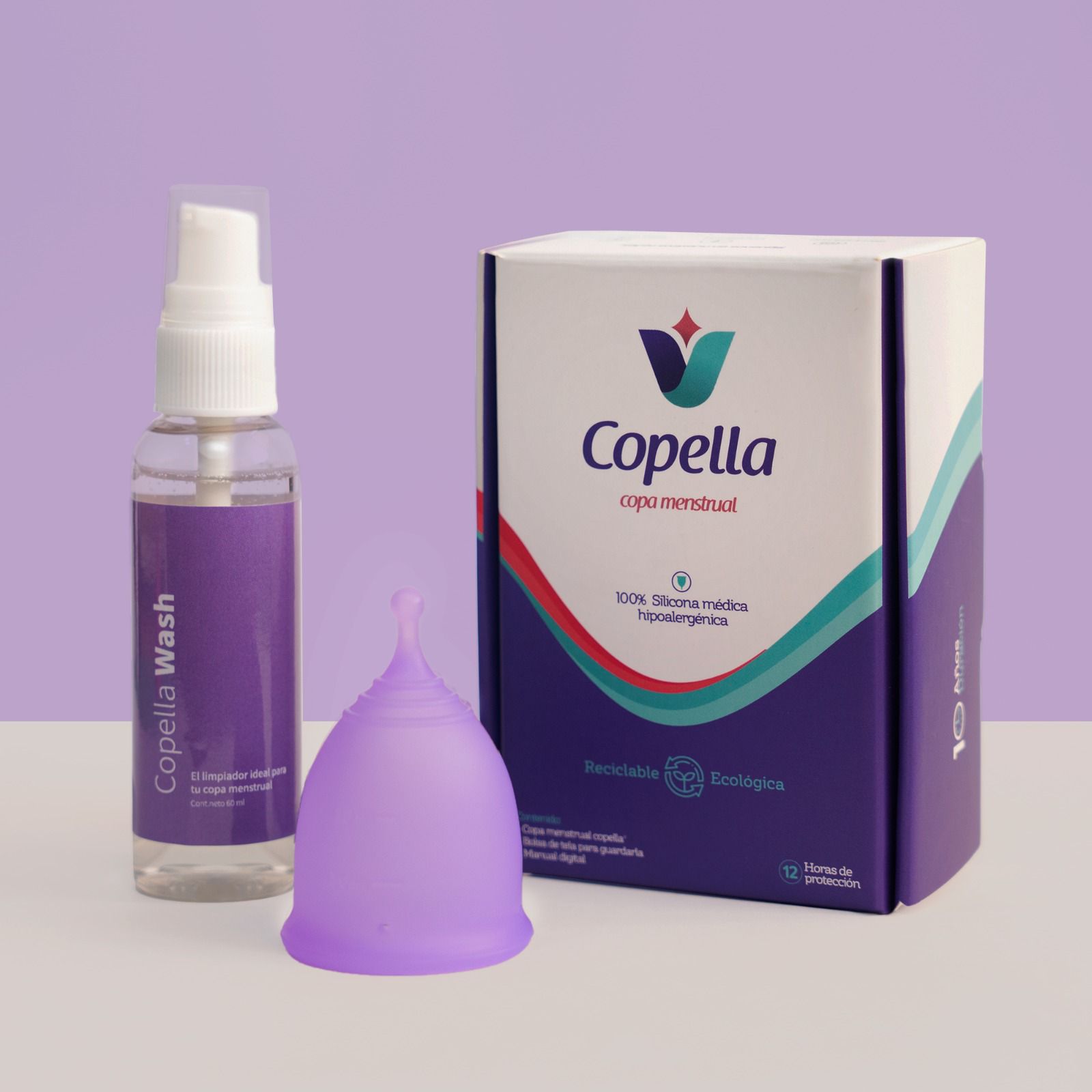 <ul>
<li><span lang="ES-MX">La Copa menstrual es un dispositivo de grado m&eacute;dico, hecha de 100% Silicona Medica Hipoalerg&eacute;nica que a diferencia de las toallas sanitarias y tampones no absorbe sino capta y retiene el fluido menstrual al interior de la vagina. </span>Su dise&ntilde;o y estructura sella suave y herm&eacute;ticamente las paredes vaginales evitando fugas y favoreciendo la comodidad e higiene intima.<br /><span lang="ES-MX">Tallas y colores: Talla T color rosado, tala S color morado, talla L color celeste.</span></li>
<li><span lang="ES-MX">Copella Cleaner es un limpiador que te ayudara a que tu copa no se pigmente rapidamente por el exceso de hierro que hay en nuestro flujo menstrual, el uso es super sencillo lavas tu copa o disco por todos los lados, agujeros y pliegues antes de cada desinfeccion.&nbsp;</span></li>
</ul>