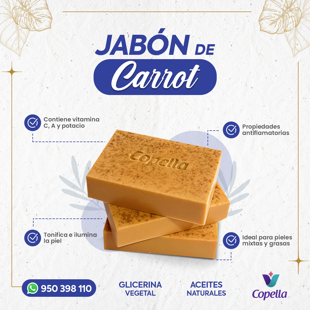 <p class="MsoNormal">Jab&oacute;n 100% artesanal que se adapta perfectamente a tu piel. El ingrediente principal es la zanahoria de la m&aacute;s alta calidad, ya que contiene naturalmente vitamina A y E. Tiene un efecto rejuvenecedor sobre la piel seca y escamosa. Tiene propiedades antienvejecimiento, foto protectora, rejuvenecedora de la piel, emolientes. &Uacute;salo para iniciar tu rutina de d&iacute;a y de noche.</p>
<p class="MsoNormal">Contiene aproximadamente 100 gramos</p>
<p class="MsoNormal">Si tienes condiciones especiales de la piel. Consulte a su dermat&oacute;logo antes de permitir que el producto entre en contacto con la piel. Todos nuestros productos est&aacute;n elaborados con ingredientes naturales, org&aacute;nicos, est&aacute;n libres de qu&iacute;micos y preservantes.</p>